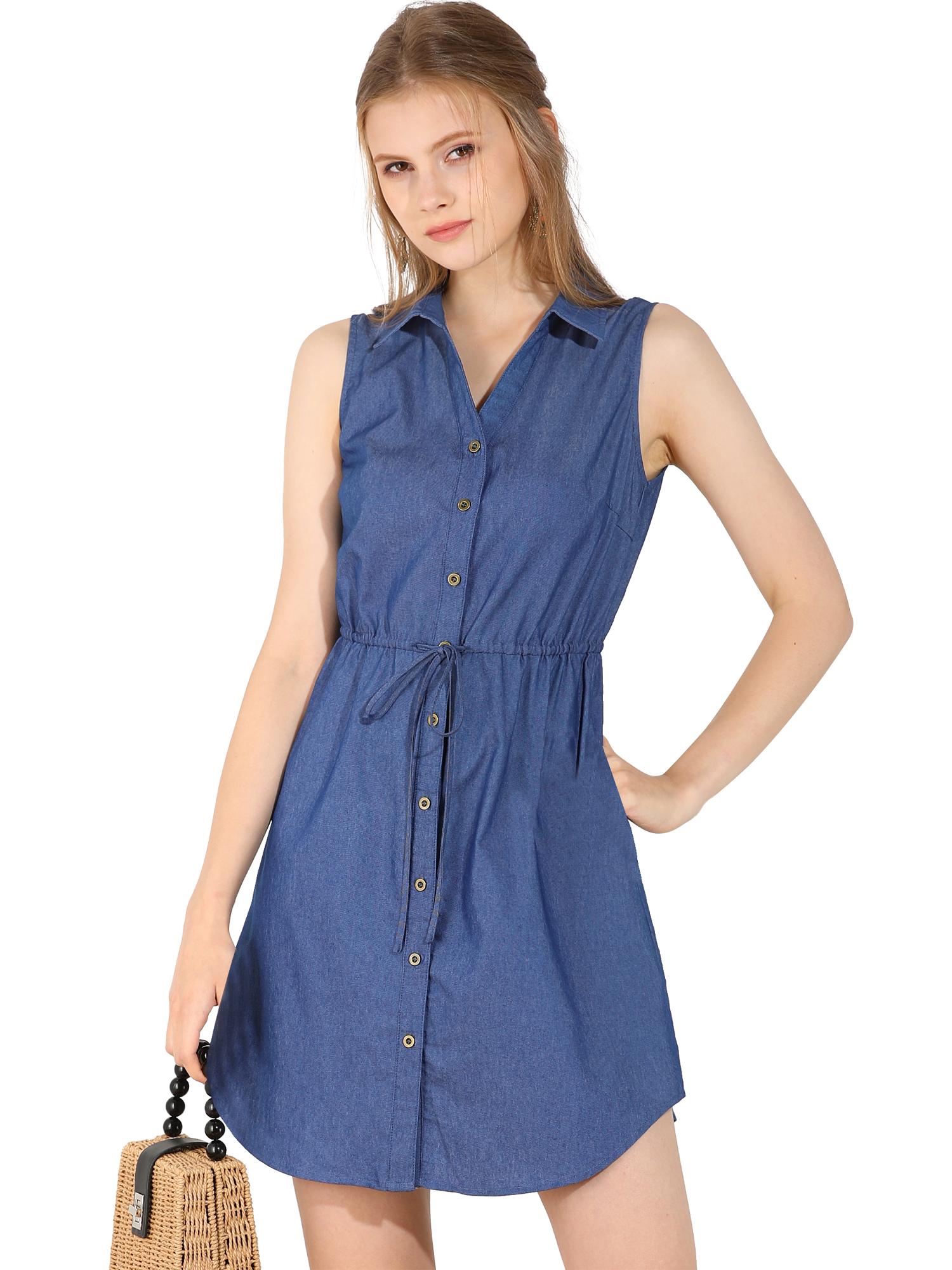 INSPIRE CHIC Robe-Chemise en Denim pour Femmes Sans Manches à Col, Boutonnée, avec Ceinture à la Taille, G Bleu