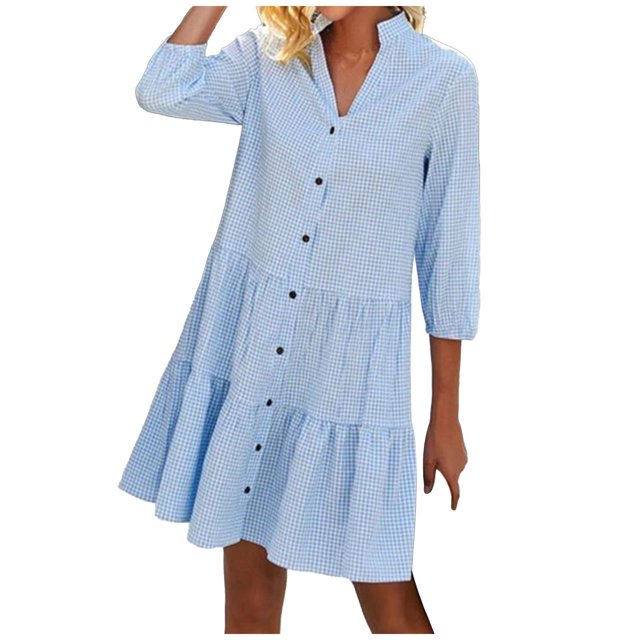 Yuyuzo Robes d'Automne pour Femmes Chemise à Carreaux Mini Robe Manches 3/4 Boutonnée Col en V Robe Courte Basique