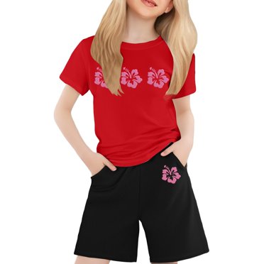 Kids Girl Summer Outfits Short Sleeve Flower Casual Girls Tops and Shorts Girls 2 Piece Outfits Set Girls 6T Outfits