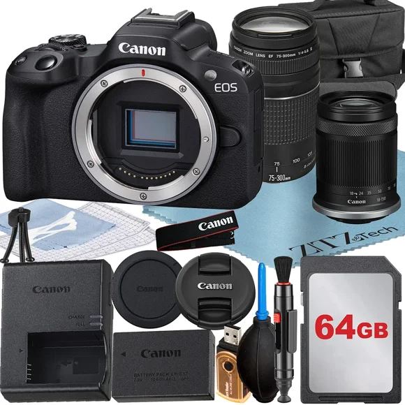 Canon EOS R50 Mirrorless Camera with RF-S 18-150mm + EF 75-300mm Lens + 64GB Memory Card + Case + ZeeTech Accessory Bundle