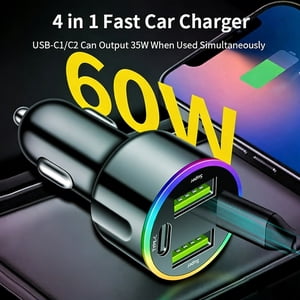 YYV Chargeur de voiture 4 Port 60W Chargeur de voiture rapide USB C Chargeur automatique compact Charge rapide pour les téléphones Comprimés Adaptateur de charge rapide Accessoire de voiture mobile