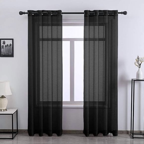 DONREN Panneaux de Rideaux Transparents Texturés Noirs Chambre Décoration Maison Panneaux en Voile Uni avec Oeillets 52 de Large x 84 Pouces de Long 2 Panneaux