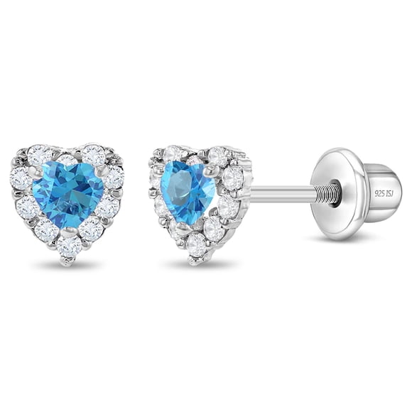 Boucles d'Oreilles pour Filles en Argent Sterling 925, Cœur 5 mm Bleu Aqua et Zircone Cubique Transparente, à Vis