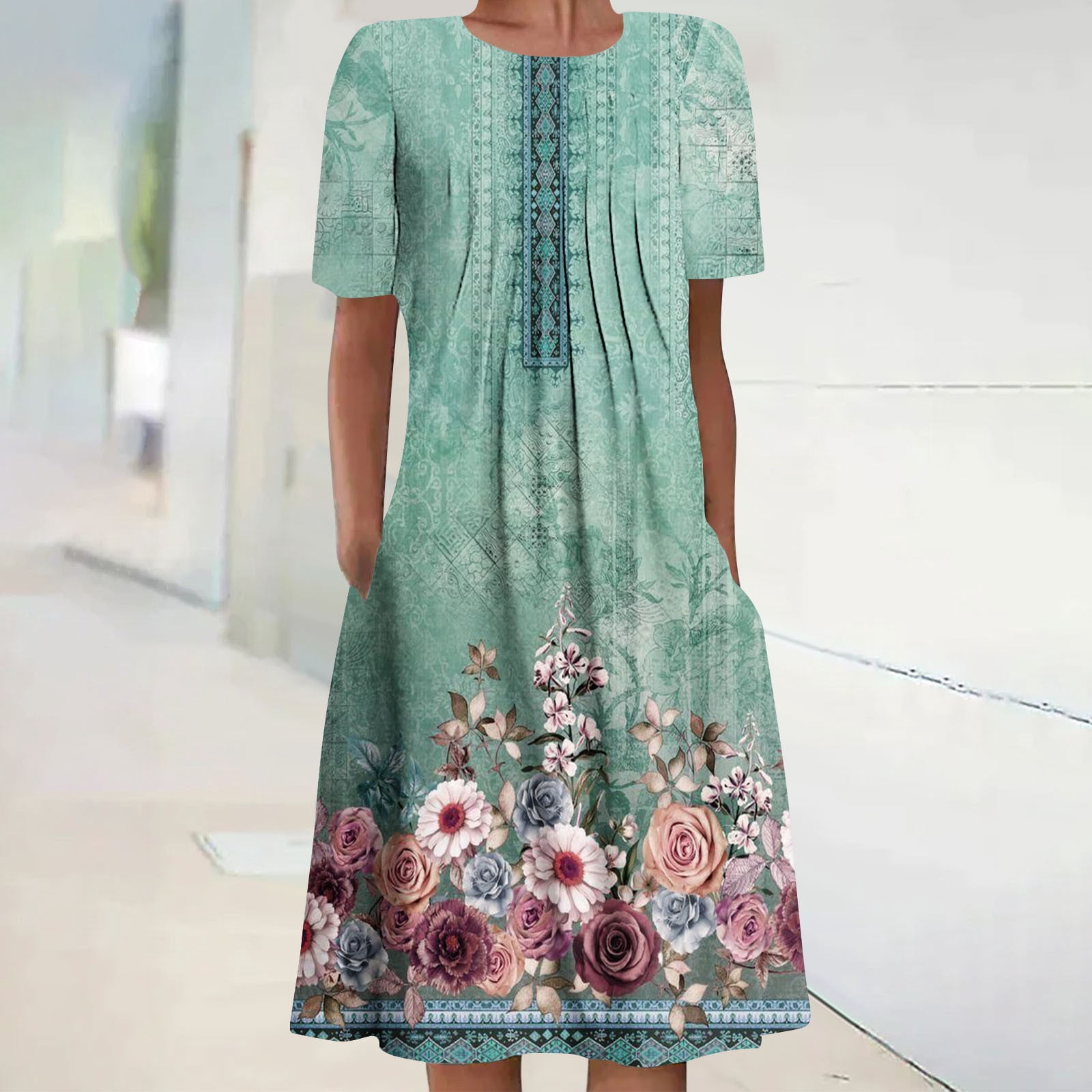 Robes Maxi pour Femmes 2023 Décontractées Robe d'Été Bohème à Imprimé à Manches Courtes Robe de Plage Longueur Genou Robe à Manches Courtes en Liquidation