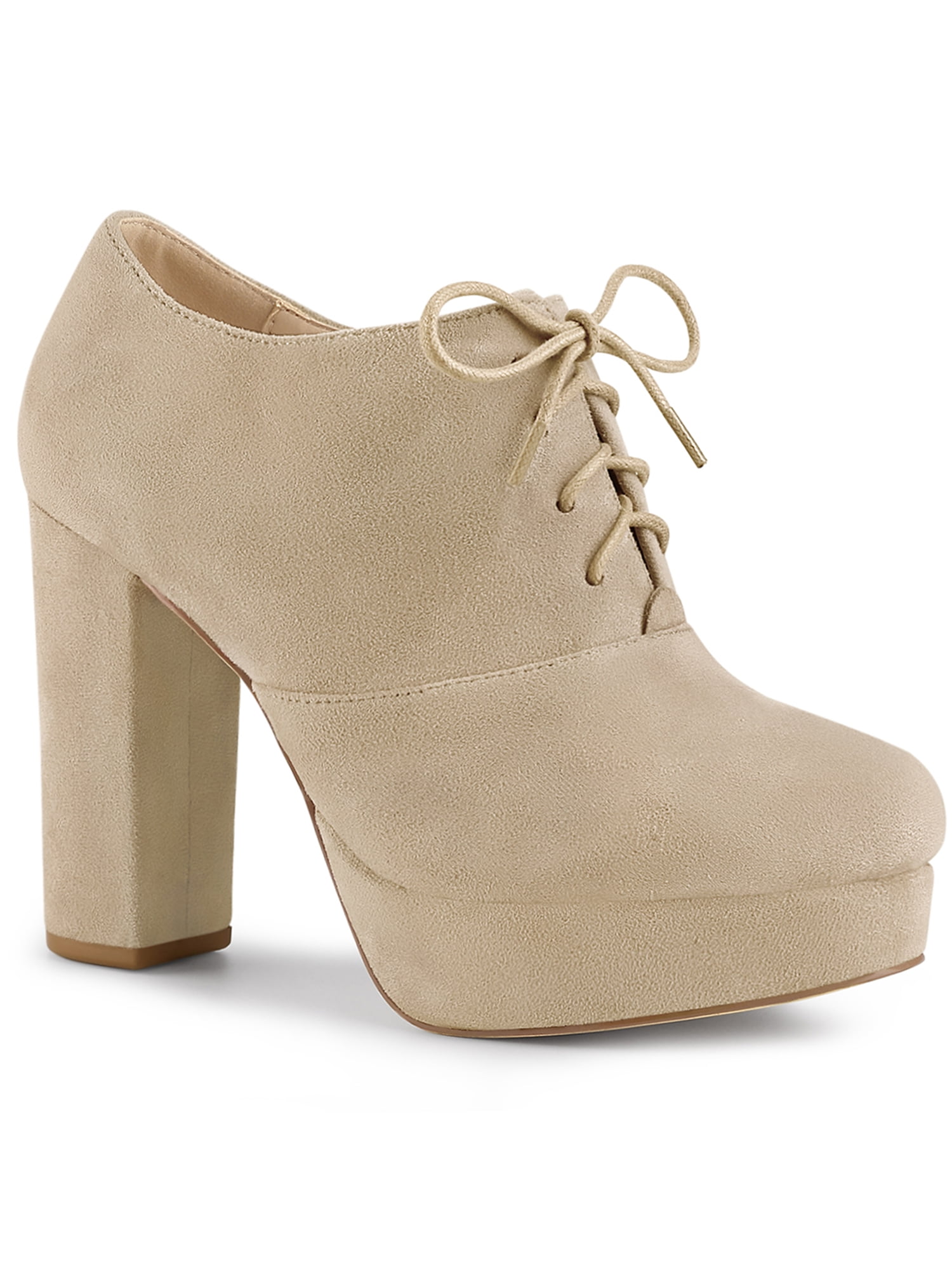 Unique Bargains Women's Platform Chunky Heel Lace Up Booties Beige US 9
