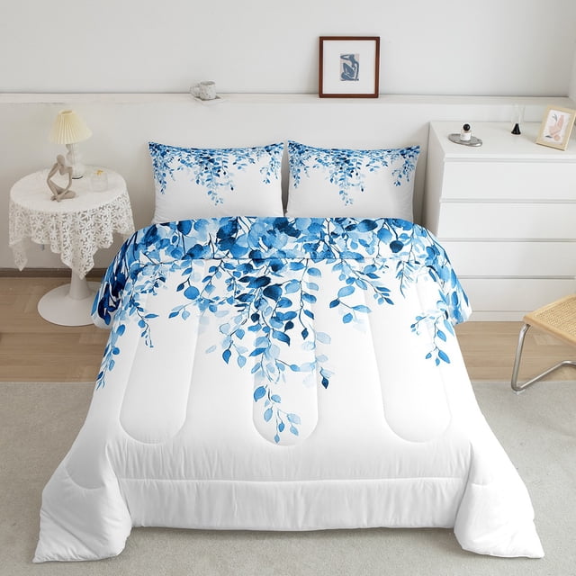 Erosebridal Ensembles de Couette Feuille Bleue Format Simple, Couettes et Duvets Plante d'Eucalyptus, Ados Adultes, Réversible 2 Pcs