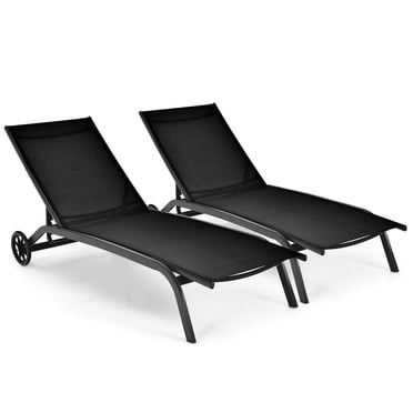Costway Lot de 2 Chaises Longues d'Extérieur Réglables pour Patio, Fauteuils Inclinables à 6 Positions avec Roues, Noir
