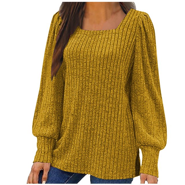 Penkiiy Chandails à Col Rond pour Femmes Manches Longues Chemises Coupe Ample Décontractée Automne 2025 Mode Léger Pull Tunique Tenues 4TG Jaune