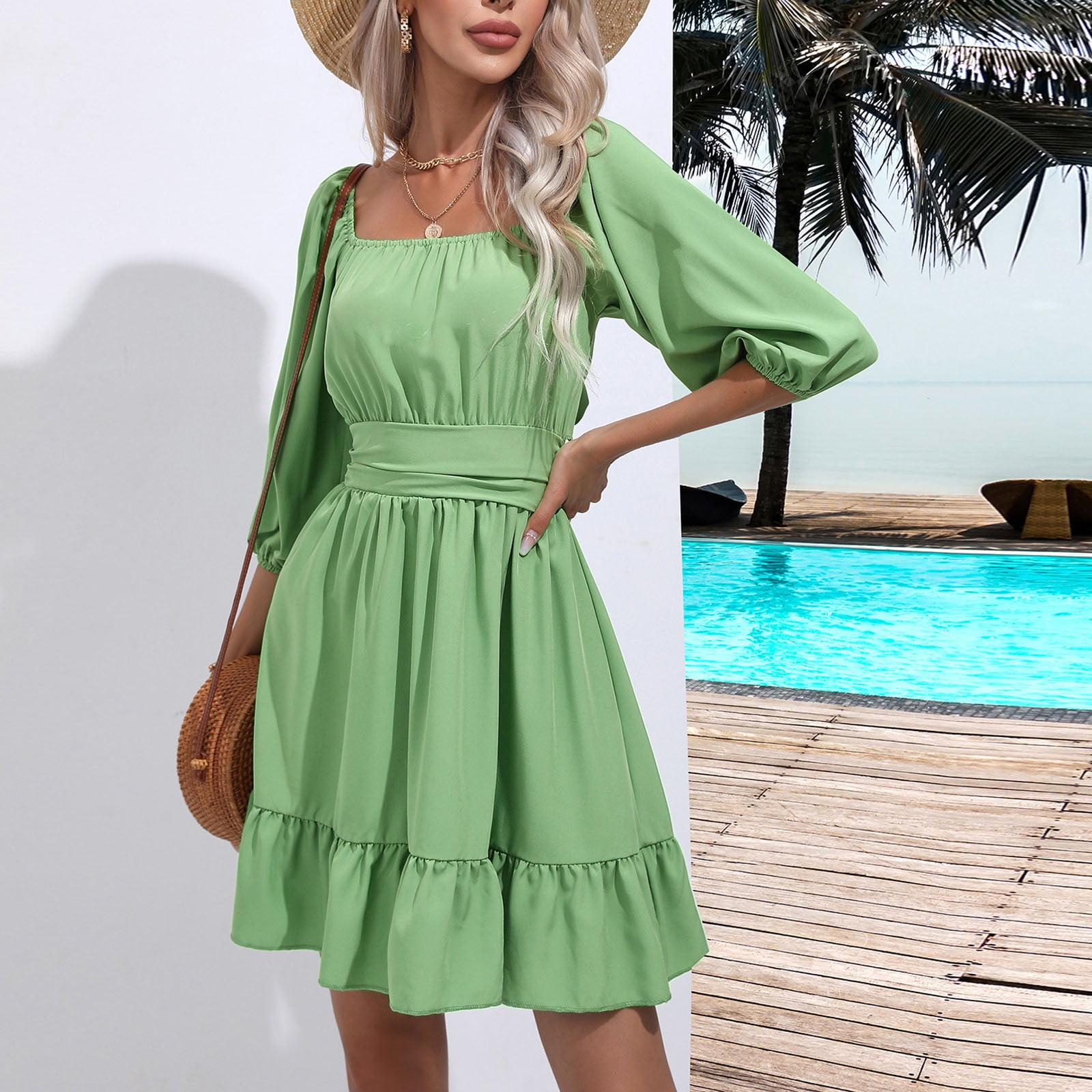 short ladies dresses FcBaudy Sleeve V-Neck Dress,Summer for Women,Womens Dresses Fashion Women's Summer Casual Slim V-shaped Short-sleeved Solid Color Dress Women Dress Multi-color