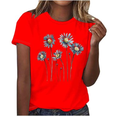 FAIWAD Summer Floral Tops for Womens Casual Round Neck Short Sleeve T-Shirt Loose Comfy Pullover Tops