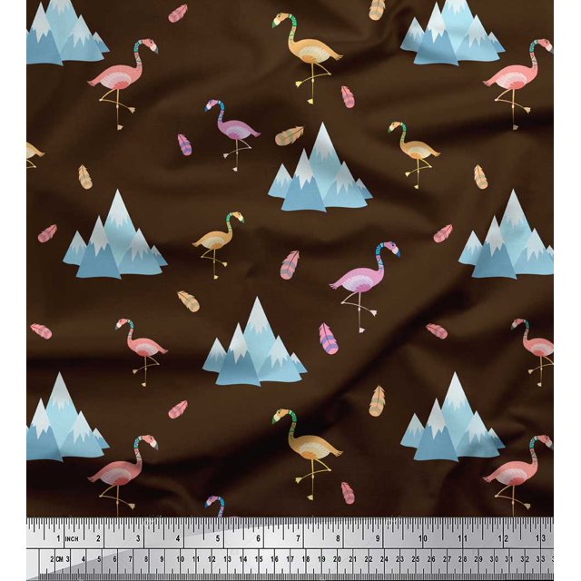 Soimoi Brown Heavy Canvas Fabric Feather & Flamingo Bird Print Sewing Fabric Yard 58 Inch Wide