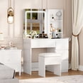 thumbnail image 3 of AKDSteel Vanity Desk with Mirror and LED Light, Vanity Desk with 4 Drawers, Power Outlet, Storage Stool, Storage Shelves & Hair Dryer Holder, Adjustable 3 Lighting Mode, Makeup Vanity Set for Bedroom, 3 of 9