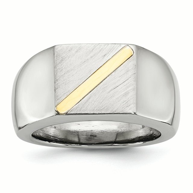 Bague Chevalière en Acier Inoxydable Brossé et Poli avec Bande Dorée 14K Taille 11
