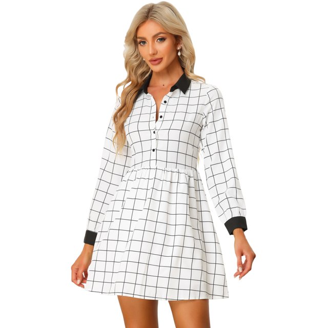 INSPIRE CHIC Robe-Chemise à Carreaux pour Femme à Manches Longues Boutonnée à Col Pointu m Blanc
