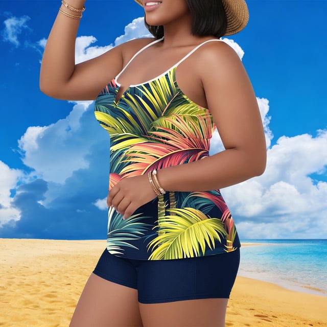 NSLGXD Plus Size Tankini Swimsuits for Women with Built in Bra Loose Fit Floral Printed Modest Two Piece Bathing Suits Quick Dry Tummy Control Swimwear Sets Blue Bathing Suits,Size XL-5XL