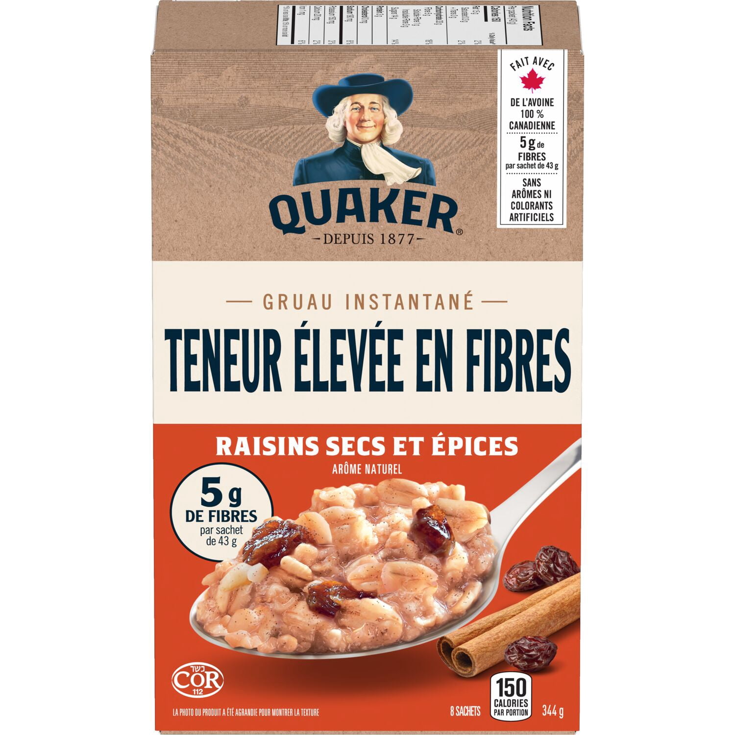 Quaker Gruau instantané Teneur élevée en fibres Raisins secs et épices