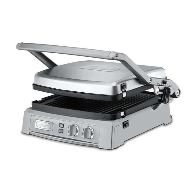 Stainless steel Cuisinart Griddler Deluxe GR-150C electric grill with adjustable top plate, ridged cooking surface, and dual control knobs for temperature settings.