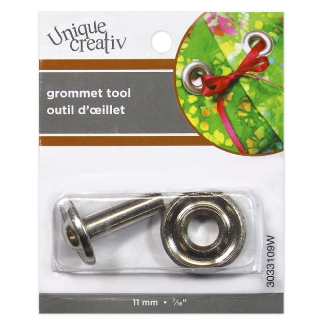 UNIQUE SEWING Outil à Oeillets pour Oeillets de 11 mm (3/8 Pouces), Ensemble compact de Deux Pièces de Fermoirs Métalliques pour Couture dans un Emballage en Plastique Transparent avec Étiquette Blanche et Brune, Conçu pour Renforcer les Trous dans le Tissu, le Cuir Ou le Vinyle.