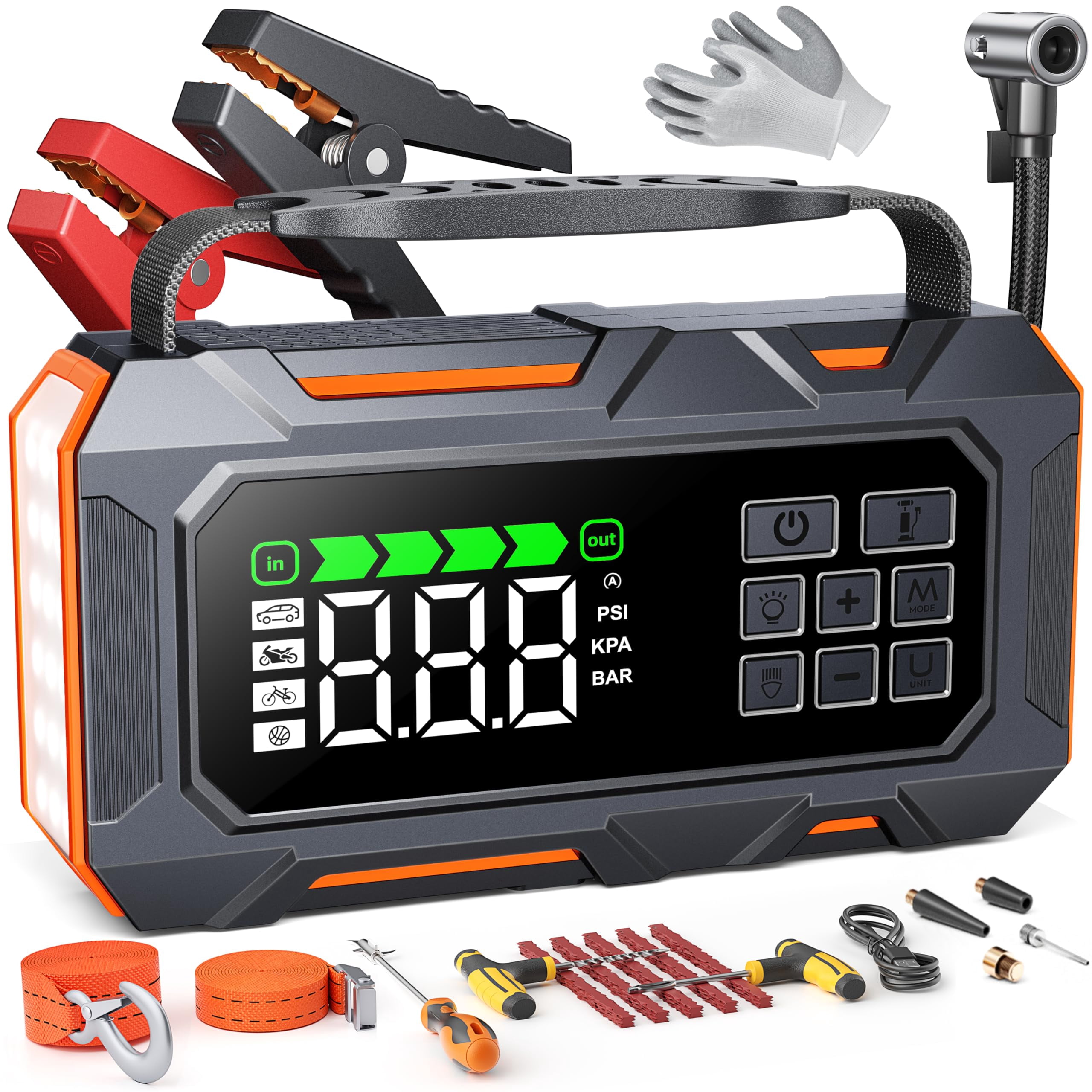Portable Jump Starter with Air Compressor 8000A 160PSI, 16-in-1 Car Battery Jump Starter with Emergency Kit, Auto-Shutoff Tire In