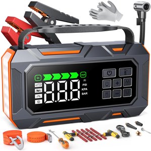 Démarreur de saut portable avec Air Compresseur 8000A 160PSI, 16-in-1 Démarreur de saut à batterie de voiture avec kit d'urgence, pneus auto-Shutoff