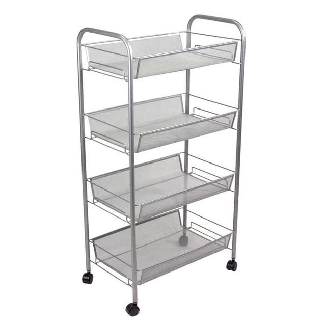 Solutions 4 Tier Mesh Rolling Kitchen Utility Cart with Wheels, Storage Cart Trolley with Handle , Ideal Organizers and Storage Shelves for Kitchen, Bathroom, Living Room, Laundry Room, Office, Silver