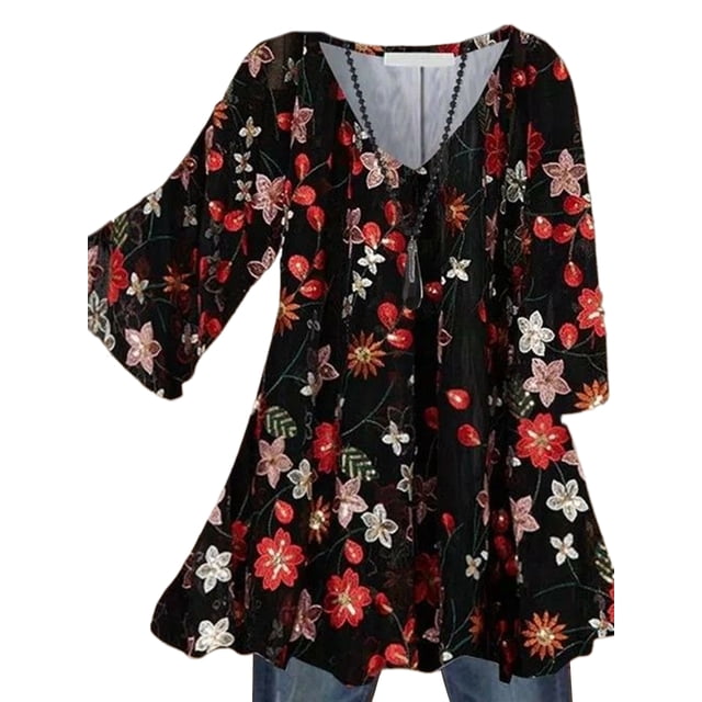 MAWCLOS Women Blouse V Neck Tops Ruched Tunic Shirt Elegant Beach Floral Print Pullover #5 M