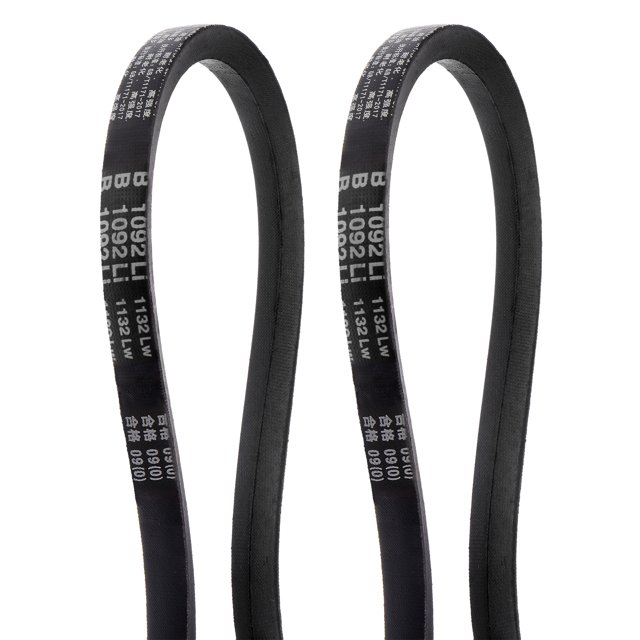Uxcell B1092 V Belts Drive Belt 1092mm Inner Girth Rubber for Power Transmission, 2 Pack. Two black neoprene rubber V-belts with visible white text markings, suitable for specialty hand tools, industrial applications, agricultural machinery, and engineering machinery. Features high-temperature resistance, wear resistance, and corrosion resistance.