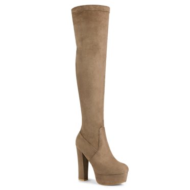 BLISSFUL STEP Women's Boot Platform Block Heel Over Knee Boots Taupe 9