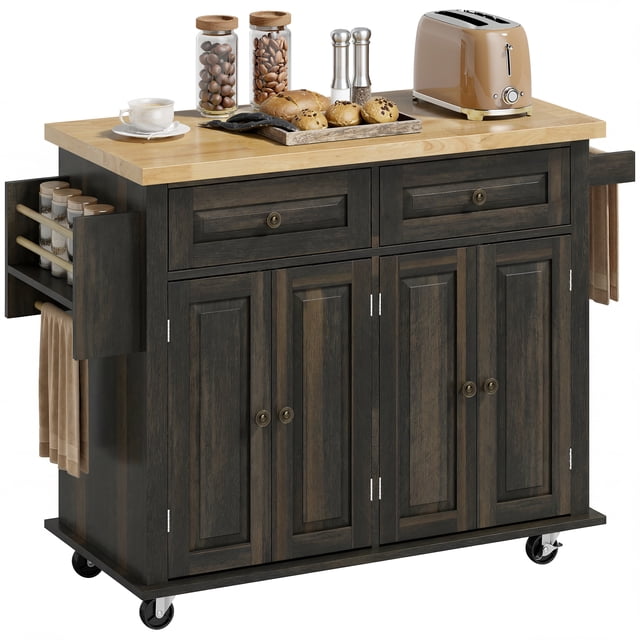 HOMCOM Modern Rolling Kitchen Island Cart with Drawers, Spice Rack