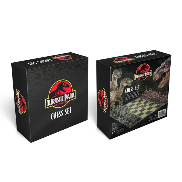 The Noble Collection Jurassic Park Chess Set packaging showing front and back views with the red and yellow Jurassic Park logo on black. The back displays dinosaur-themed chess pieces on a board, highlighting this classic board game that combines strategic gameplay with Jurassic Park dinosaurs.