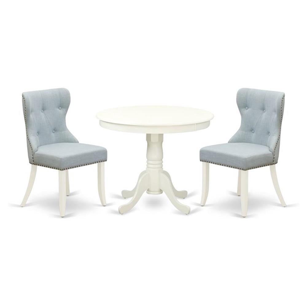 Pemberly Row 3-Piece Dining Set with Baby Blue Linen Chairs and White Table