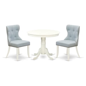 Pemberly Row 3-Piece Set à manger avec des chaises en lin bleu bébé et une table blanche