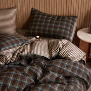 JOLUSERE Green Brown Plaid Duvet Cover King Set, 3-Piece Vintage Beige Brown Grid Checkered Pattern Soft Comforter Cover