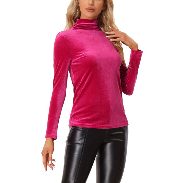 INSPIRE CHIC Chemise à Manches Longues pour Femme Col Montant en Velours Extensible Col Roulé Blouse Basique Hauts Rose Vif P