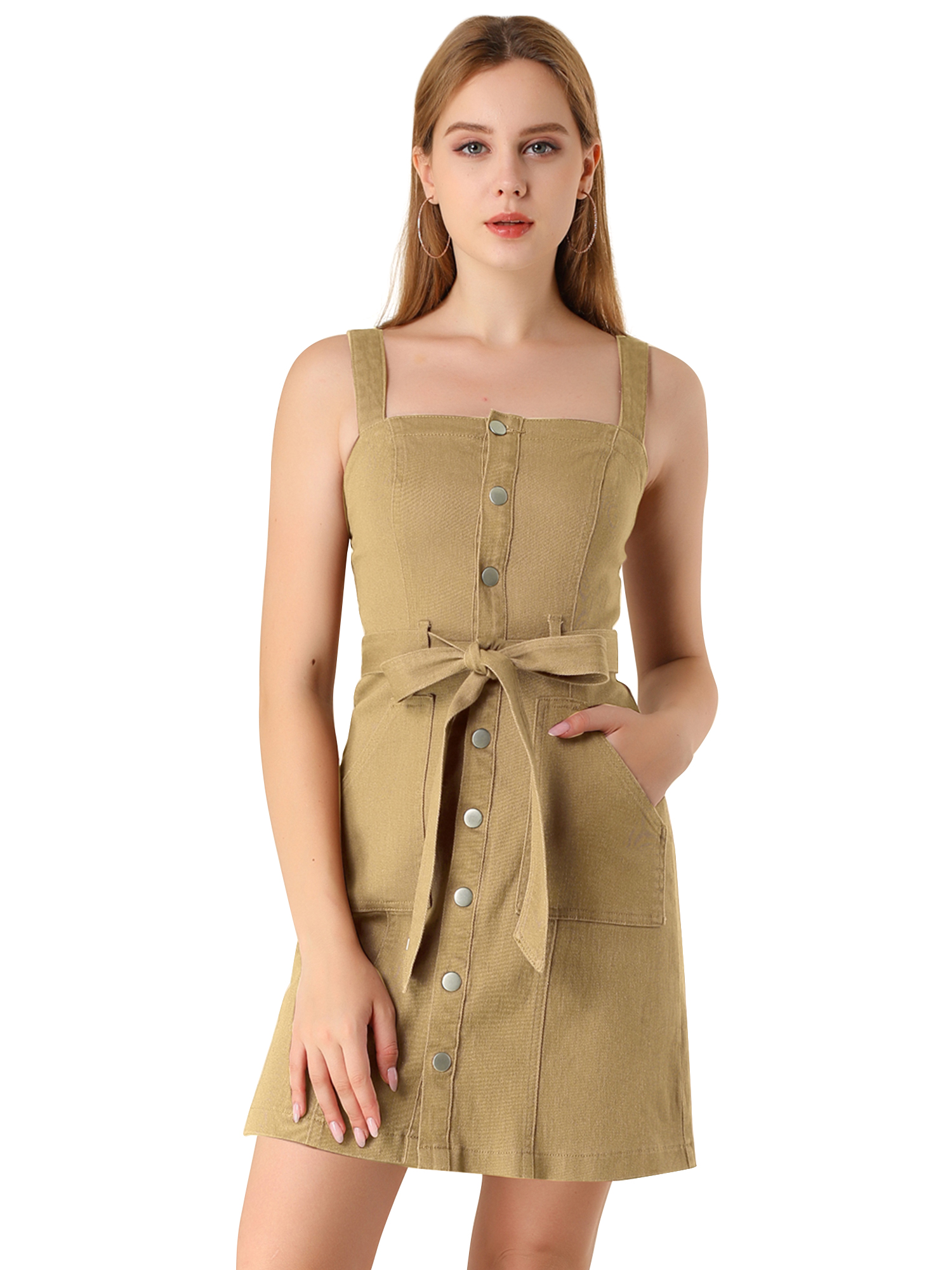 INSPIRE CHIC Women's Classic Adjustable Strap A-Line Overall Denim Dress