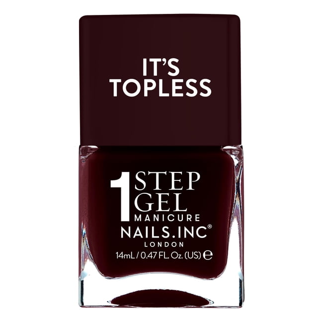 NI TOPLESS BILLIE Nails Inc 1 Step Gel Nail Polish in deep burgundy with built-in base coat, treatment, color, and top coat in one 14ml bottle, offering a glossy, long-lasting gel manicure ideal for at-home use.