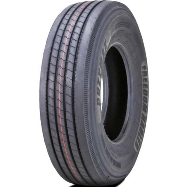 Freedom Hauler Dutymax Trailer Tire ST225/75R15 LRF 121M radial trailer tire with black rubber tread featuring circumferential grooves and a red center stripe, constructed with nylon overlay and steel belts for heavy-duty durability and extended tread life, displayed on a white background.