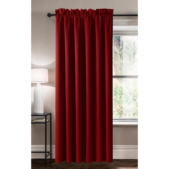 Swift Home 1 Piece Room Darkening Rod Pocket Curtains in deep red, 54 inches wide by 84 inches long, hanging on a black curtain rod with a rod pocket top, shown in a neutral room with a white textured lamp on a black side table, designed to block light and reduce noise, also suitable for enhancing privacy in bedrooms or living rooms.