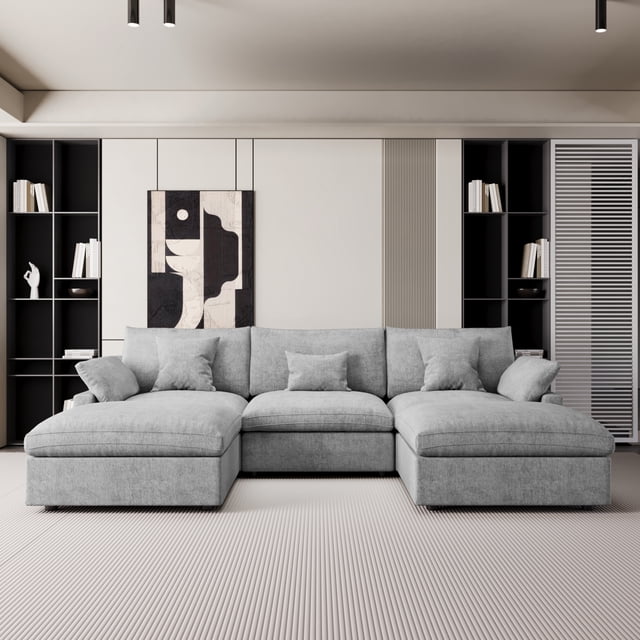 The Magic Home Canapé Sectionnel Modulaire en Lin en Forme de U à 5 Places, Gris