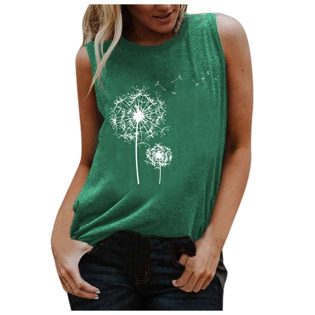 VEKDONE Camisoles d'Été Sans Manches pour Femmes à Imprimé Pissenlit, Coupe Ample, Col Ras du Cou, Débardeurs de Détente, Mode, Plein Air, Plage, Vert, Petit