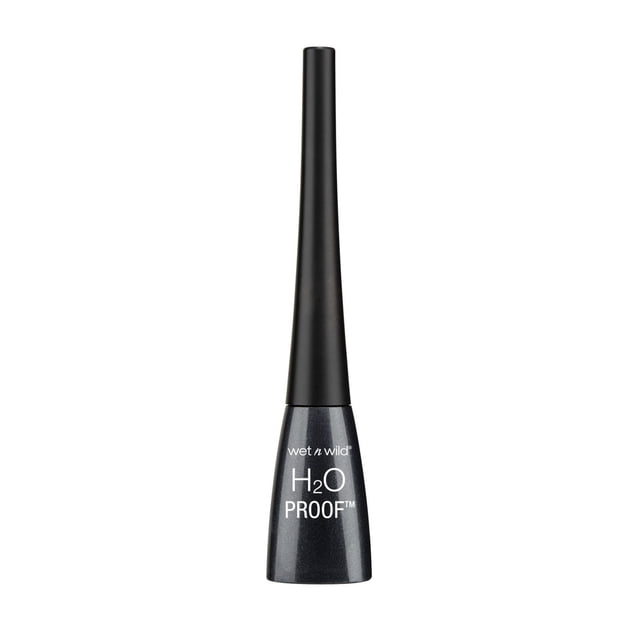 wet n wild H2O Proof Liquid Eyeliner in black with a tall matte black cap and glossy black base featuring white branding text, waterproof and smudge-proof for long-lasting eye definition, with a precise applicator brush ideal for fine or bold lines.
