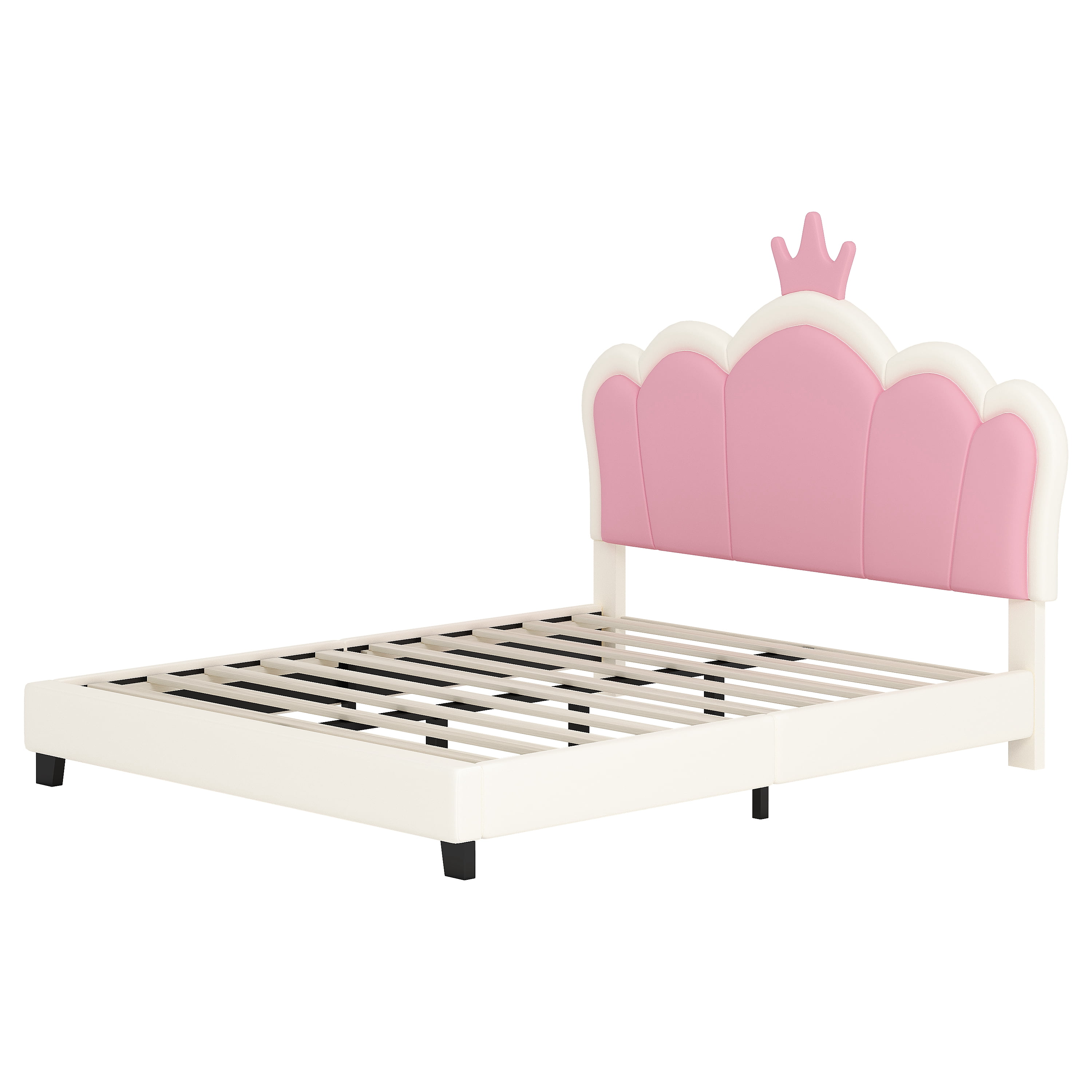 Homy Casa Full Size Princess Bed, Cream Pink, Crown Headboard, PU & Wood Frame, 500 lbs Capacity, Kids Bedroom Furniture, Easy Assembly
