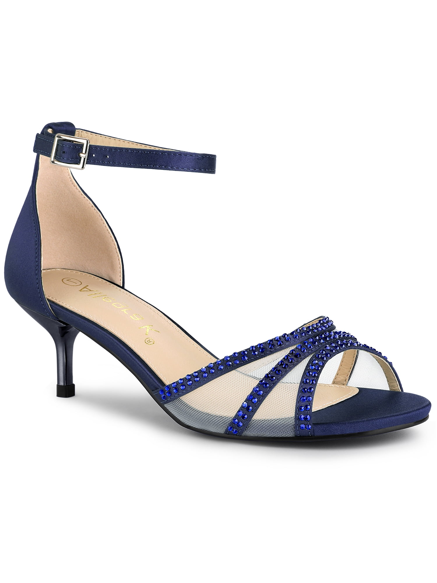 BLISSFUL STEP Women's Rhinestone Mesh Kitten Heels Sandals Navy Blue (Size 6)