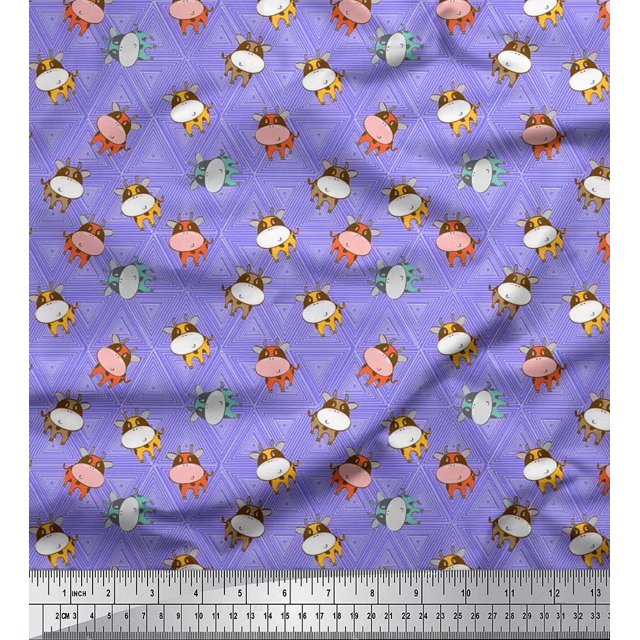 Soimoi Moss Georgette Fabric Triangle & Cow Cartoon Printed Fabric 1 Yard 42 Inch Wide