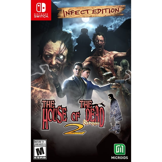 The House of the Dead 2 Remake Infect Edition Nintendo Switch cover art depicting two agents in suits aiming pistols at decayed zombies with glowing eyes under a full moon in a dark Italian city, emphasizing the arcade shooter’s intense zombie combat.