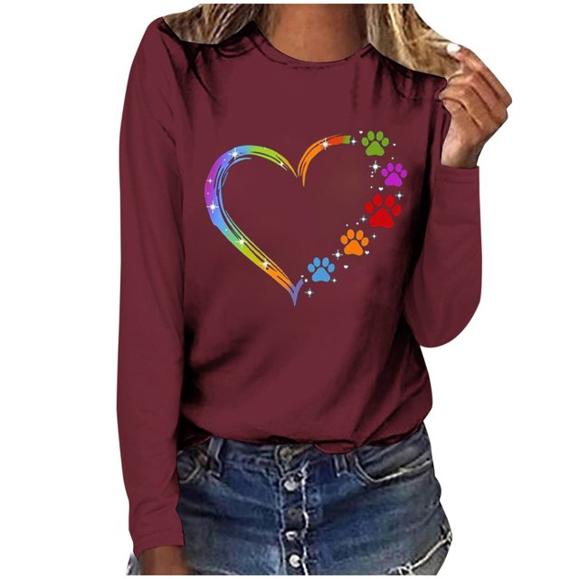 Pisexur Hauts d'Automne pour Femmes Mode Mignon Cœur Graphique Imprimé T-Shirt Hauts Col Rond Manches Longues Chemises pour Femmes Habillées Décontractées Sorties Hauts Confort Polyvalent Léger T-Shirts