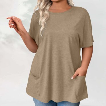 Weiqiqre Hauts pour Femmes Tendance Hauts Grande Taille Manches Courtes Chemises Décontractées Col Rond Tunique d'Été Unie blouses Amples avec Poches