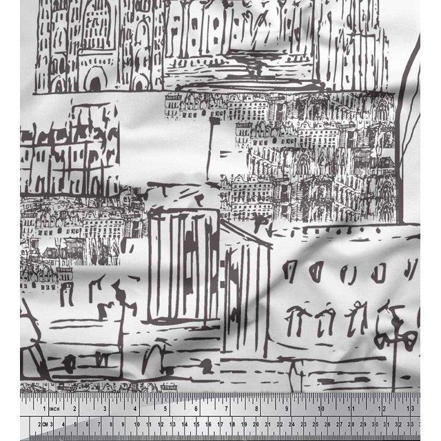Soimoi White polyester Crepe Fabric London Theme Architectural Fabric Prints By Yard 52 Inch Wide