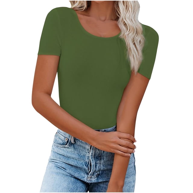 AherBiu Womens Tops Summer Short Sleeve Basic Tees Shirts Round Neck Slim Fitted Solid Color Tops