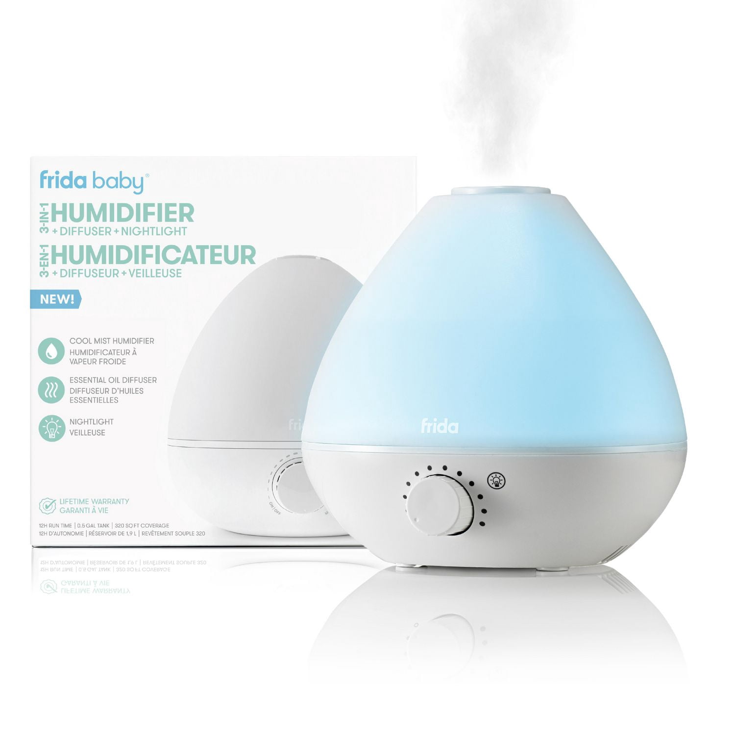 Frida Baby - BreatheFrida Diffuseur humidificateur 3 en 1 Diffuseur de veilleuse et veilleuse, Vaporisateur à brume fraîche apaisante pour bébé